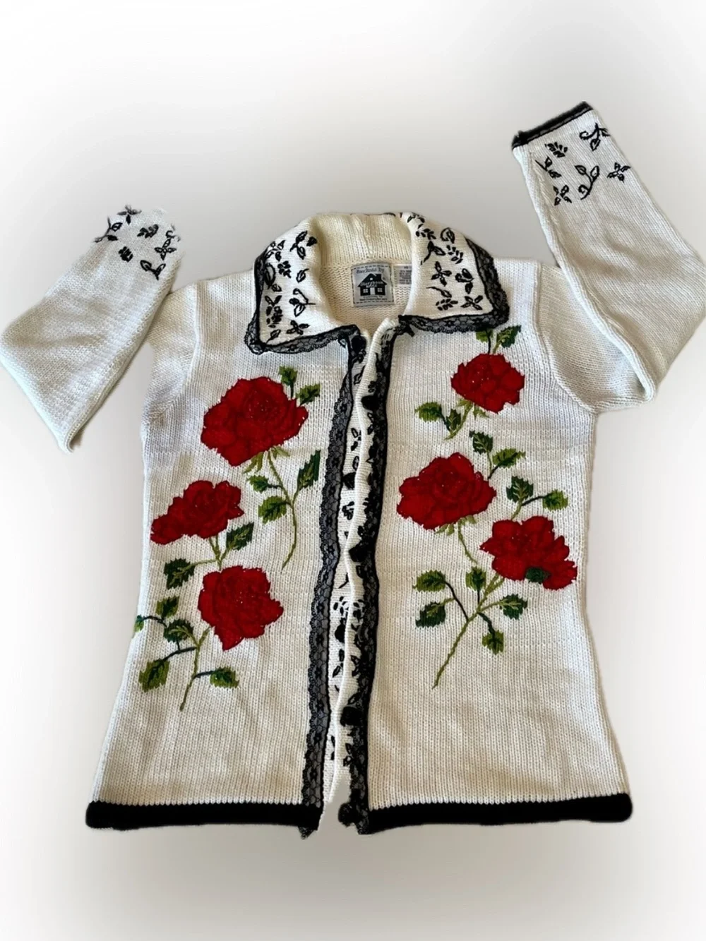 Storybook Knits White Cardigan Sweater Cardigan Red Rose Toile Embroidery SZ XS